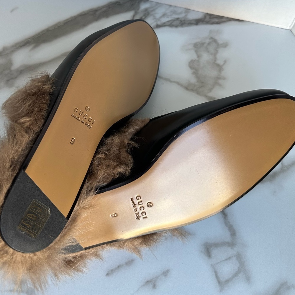 Gucci Princetown Black Leather Fur Loafer Slide Slip On Mule Slipper Flat 9 - Picture 9 of 14